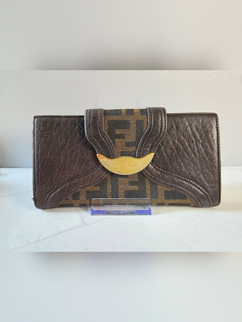 Vintage Fendi Zucca Long Wallet Crescent Clasp + Entrupy COA + Box - Picture 2 of 8